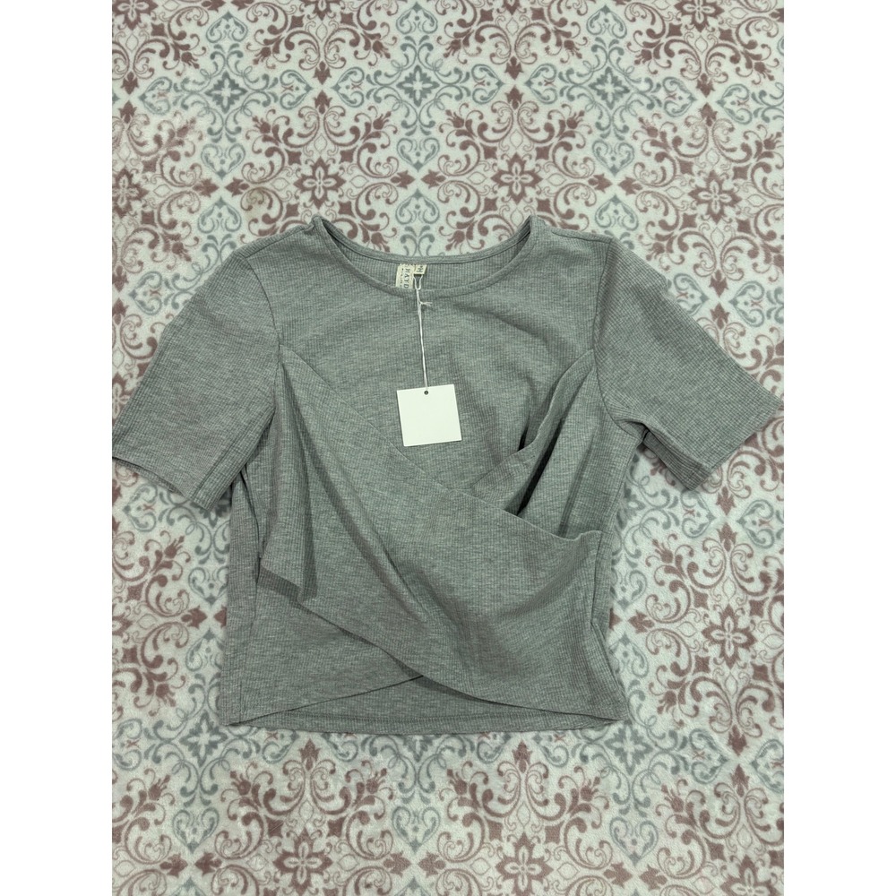 Hayden Los Angeles Grey Ribbed Crossover Front Crop Top Short Sleeve Medium NEW